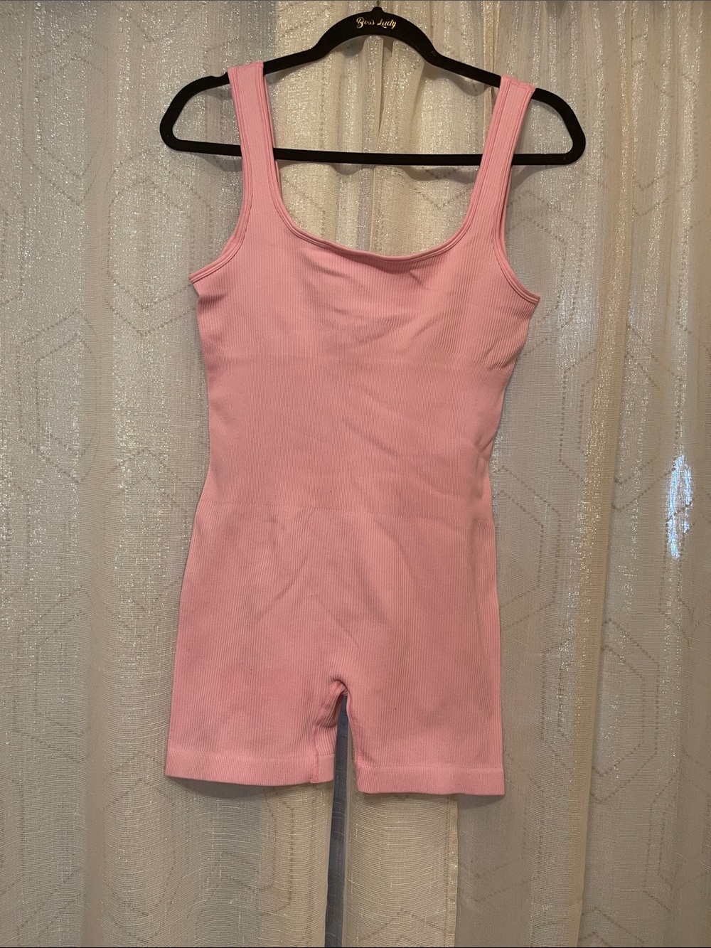 Ribbed Pink Scoop-Neck Women's Romper REFER TO PICS/VID FOR STAIN IN FRONT OF